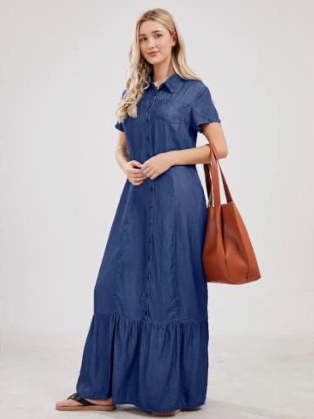 utcoco Womens Short Sleeve Denim Maxi Dress